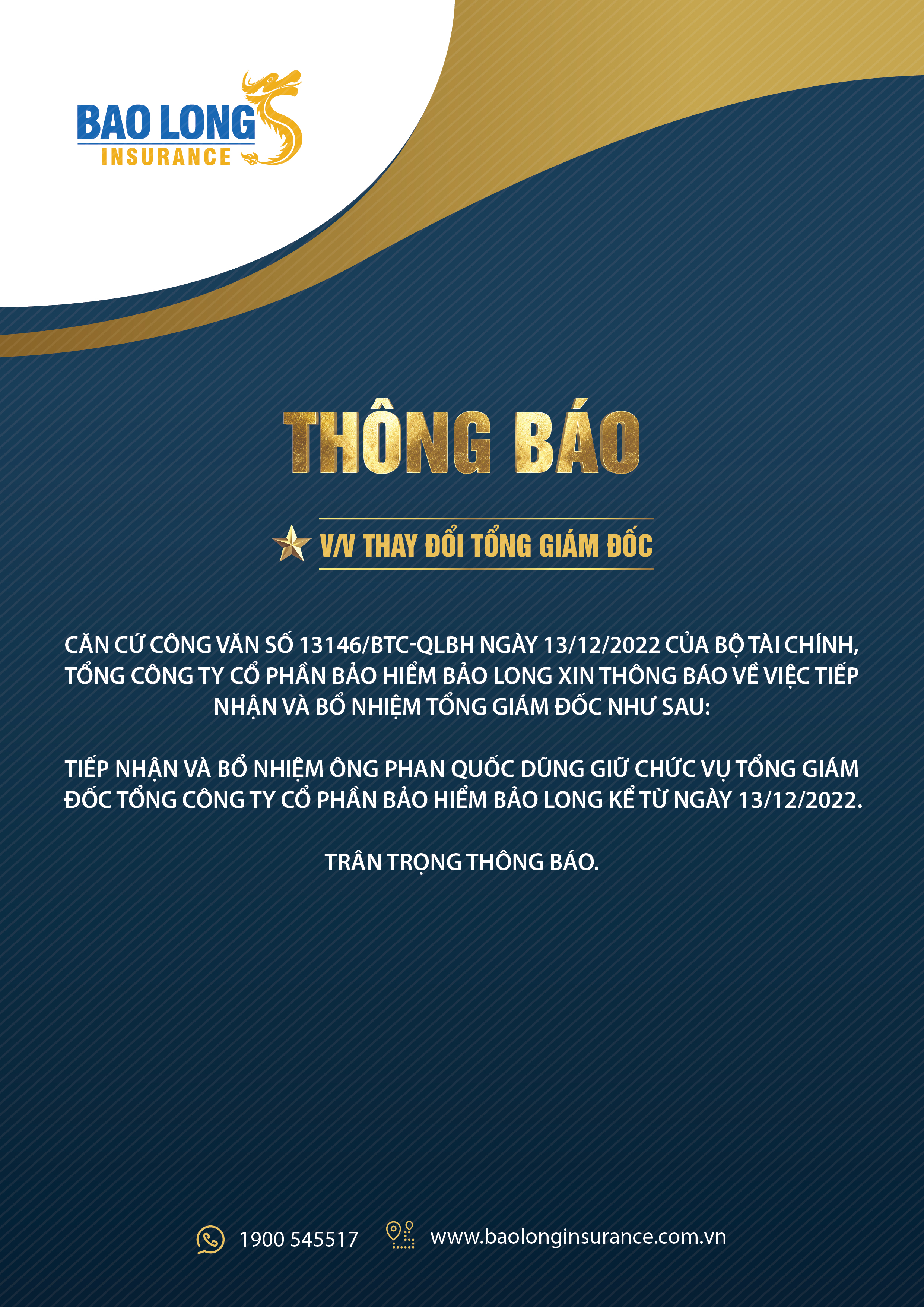 THÔNG BÁO VỀ VIỆC THAY ĐỔI TỔNG GIÁM ĐỐC