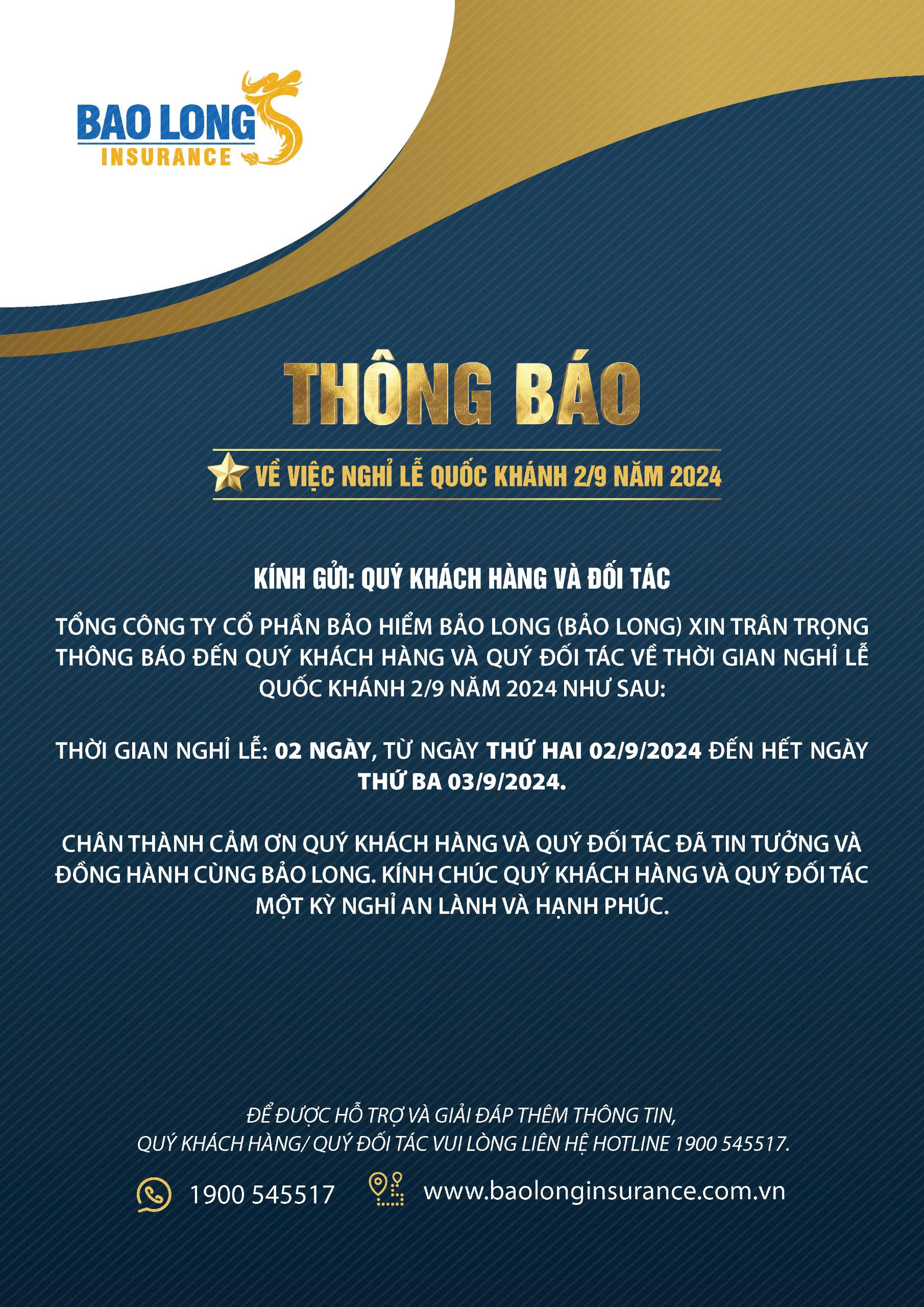 Thông báo về việc nghỉ lễ Quốc Khánh 2/9/2024