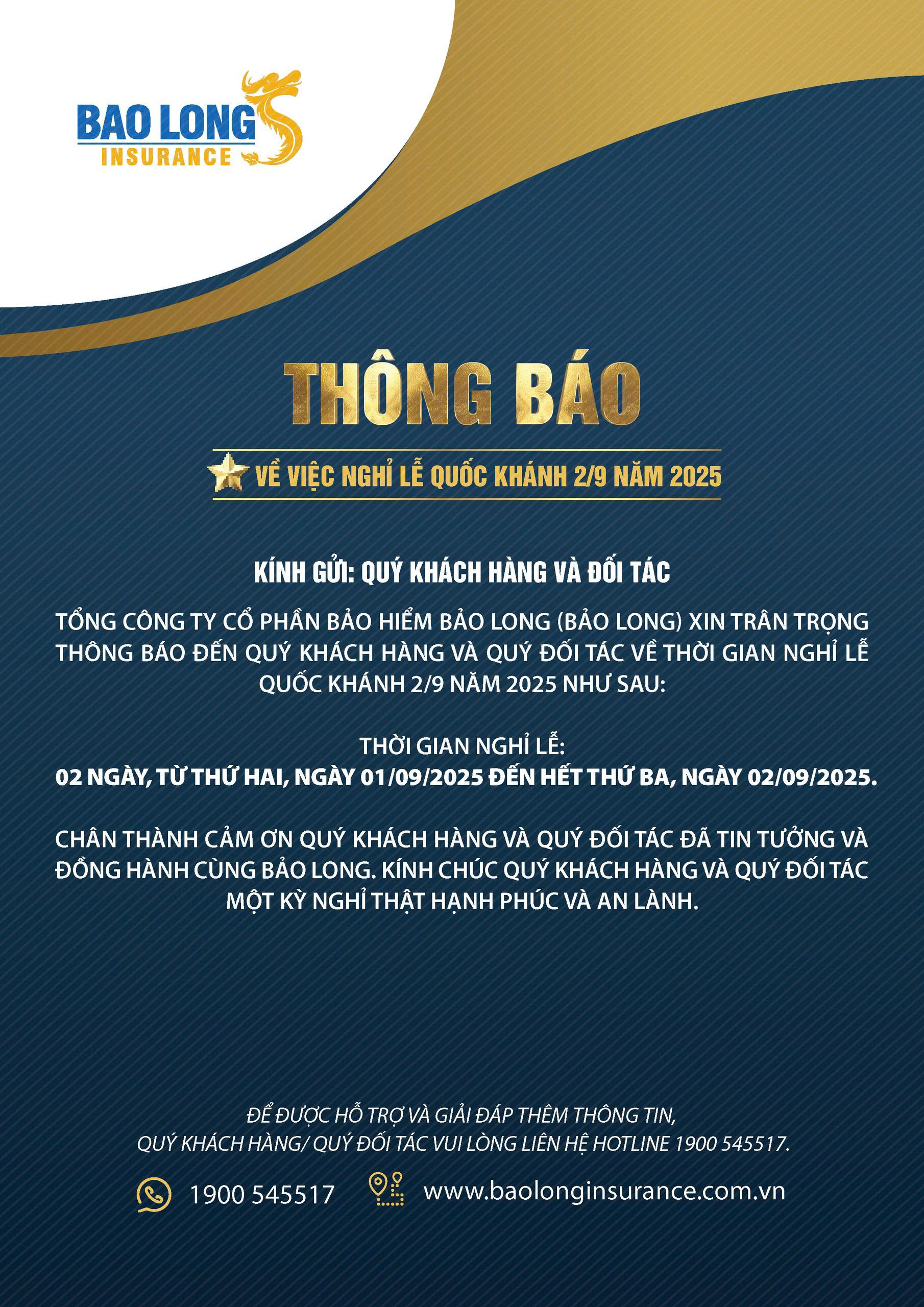 Thông báo về việc nghỉ lễ Quốc Khánh 2/9/2025