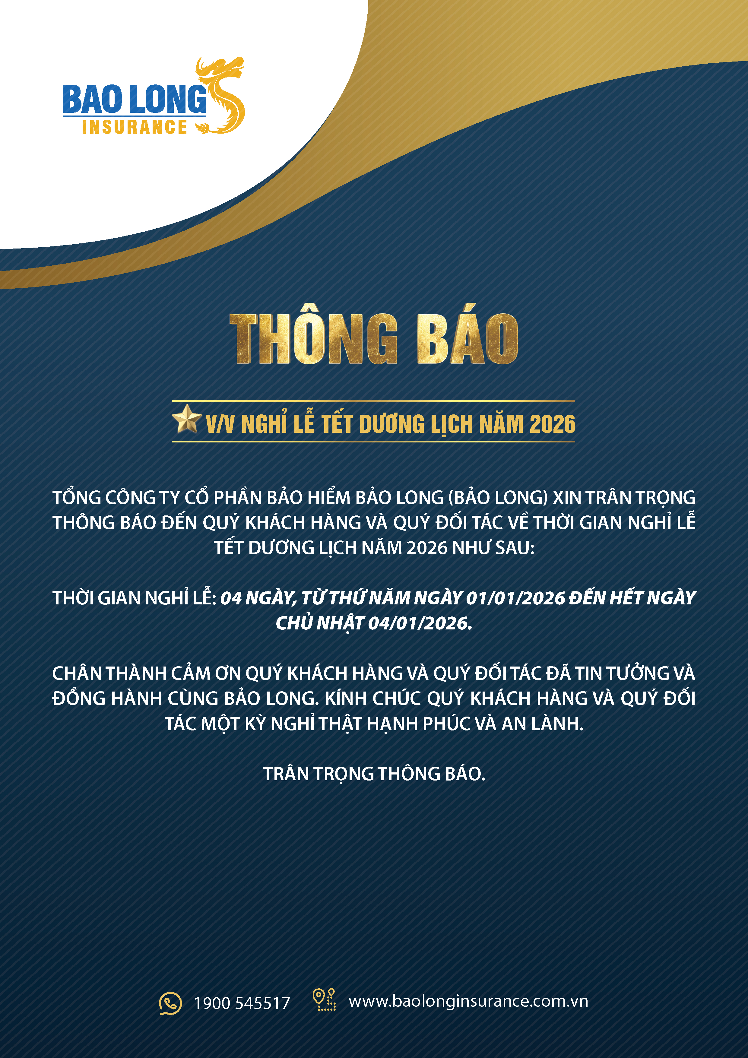 Thông báo về việc nghỉ lễ Tết Dương Lịch 2026