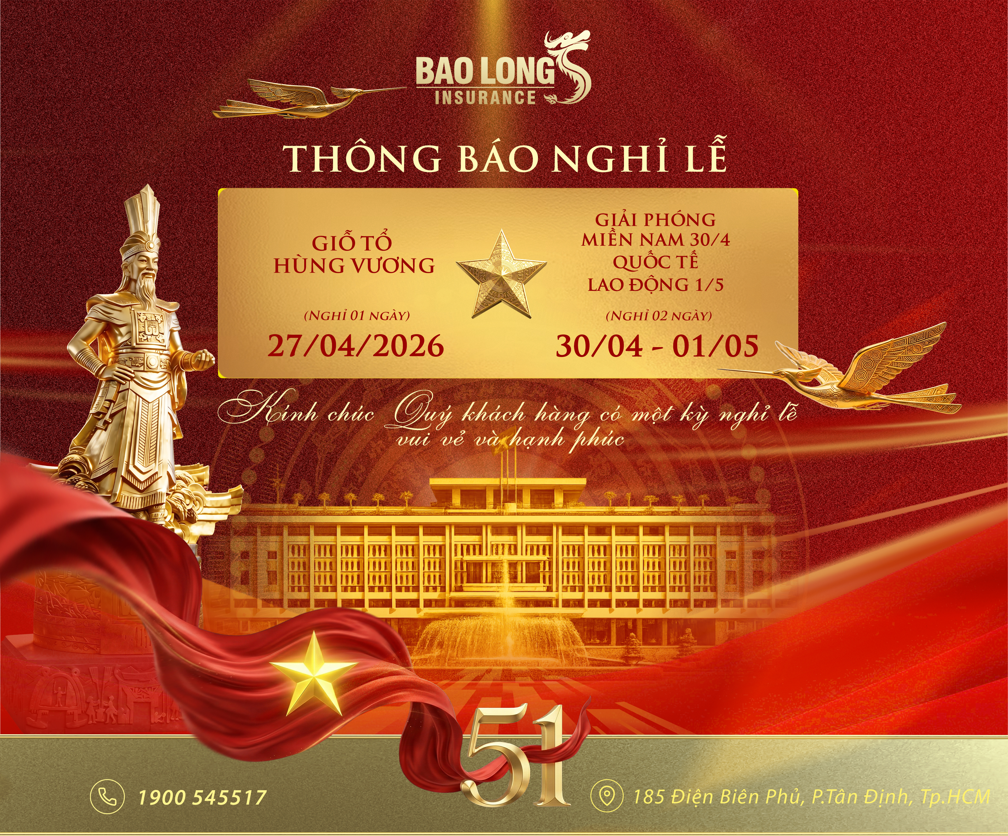 Thông báo về việc nghỉ lễ Giỗ tổ Hùng Vương và Giải phóng Miền Nam 2026